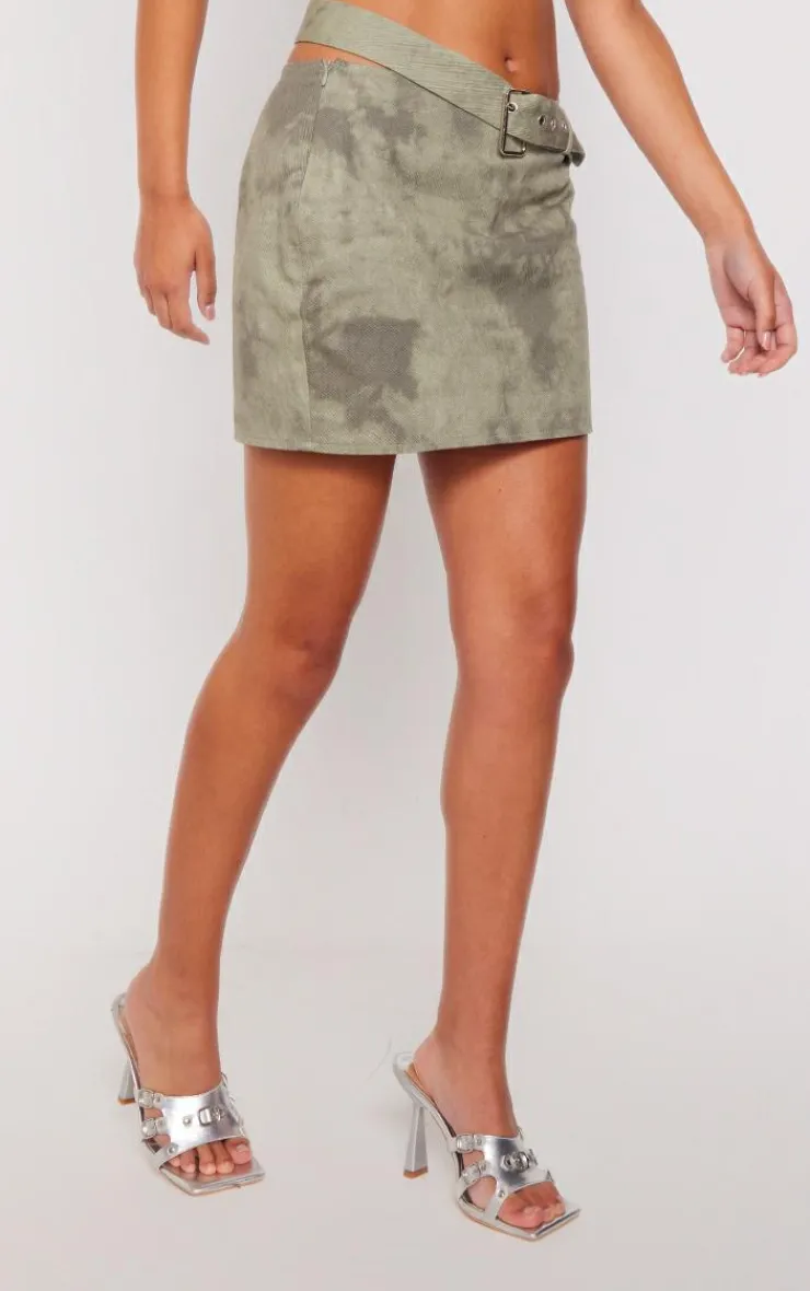 Outlet PrettyLittleThing Washed Twill Asymmetric Strap Micro Mini Skirt Khaki