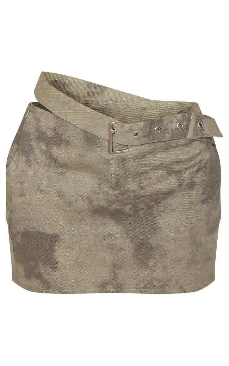Outlet PrettyLittleThing Washed Twill Asymmetric Strap Micro Mini Skirt Khaki