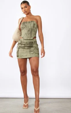 New PrettyLittleThing Washed Twill Cargo Micro Mini Skirt Khaki