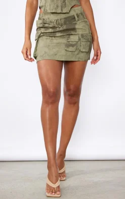 New PrettyLittleThing Washed Twill Cargo Micro Mini Skirt Khaki