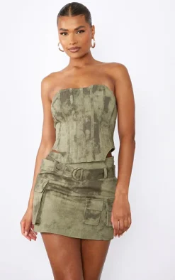 PrettyLittleThing Washed Twill Cargo Bandeau Corset Khaki
