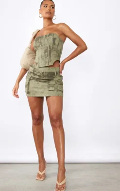 PrettyLittleThing Washed Twill Cargo Bandeau Corset Khaki