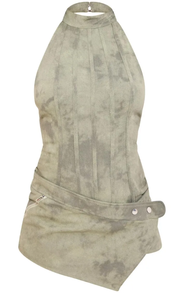 Khaki Washed Twill High Neck Wrap Detail Skort Romper
