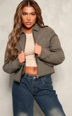 Khaki Wave Texture Zip Up Oversized Jacket