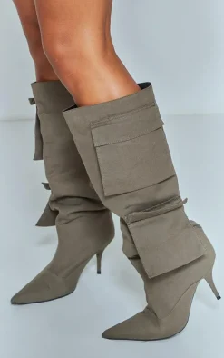 PrettyLittleThing Wide Fit Heels*Wide Fit Denim Point Toe Pocket Detail Low Heeled Knee Boots