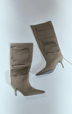 PrettyLittleThing Wide Fit Heels*Wide Fit Denim Point Toe Pocket Detail Low Heeled Knee Boots