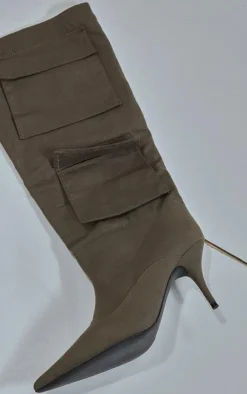 PrettyLittleThing Wide Fit Heels*Wide Fit Denim Point Toe Pocket Detail Low Heeled Knee Boots