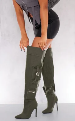 PrettyLittleThing Wide Fit Heels*Wide Fit Denim Utility Over The Knee Heeled Boots