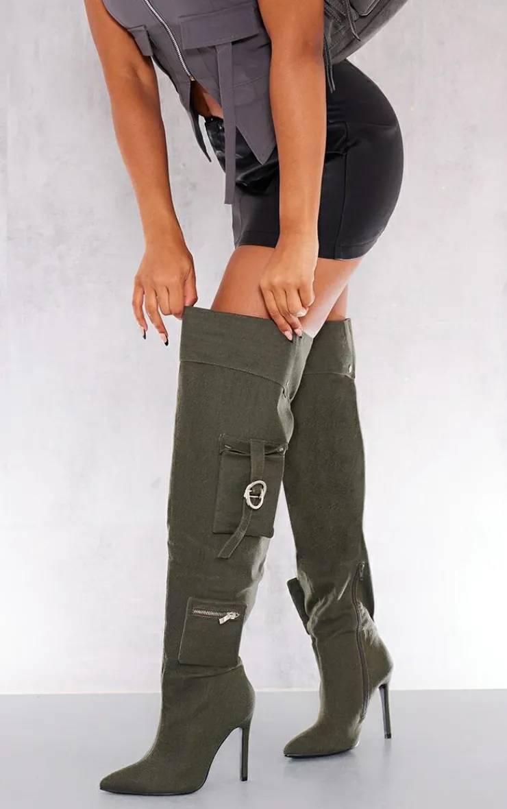 PrettyLittleThing Wide Fit Heels*Wide Fit Denim Utility Over The Knee Heeled Boots