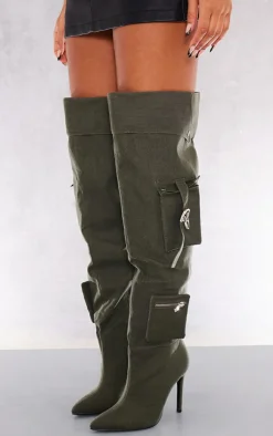 PrettyLittleThing Wide Fit Heels*Wide Fit Denim Utility Over The Knee Heeled Boots