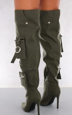 PrettyLittleThing Wide Fit Heels*Wide Fit Denim Utility Over The Knee Heeled Boots