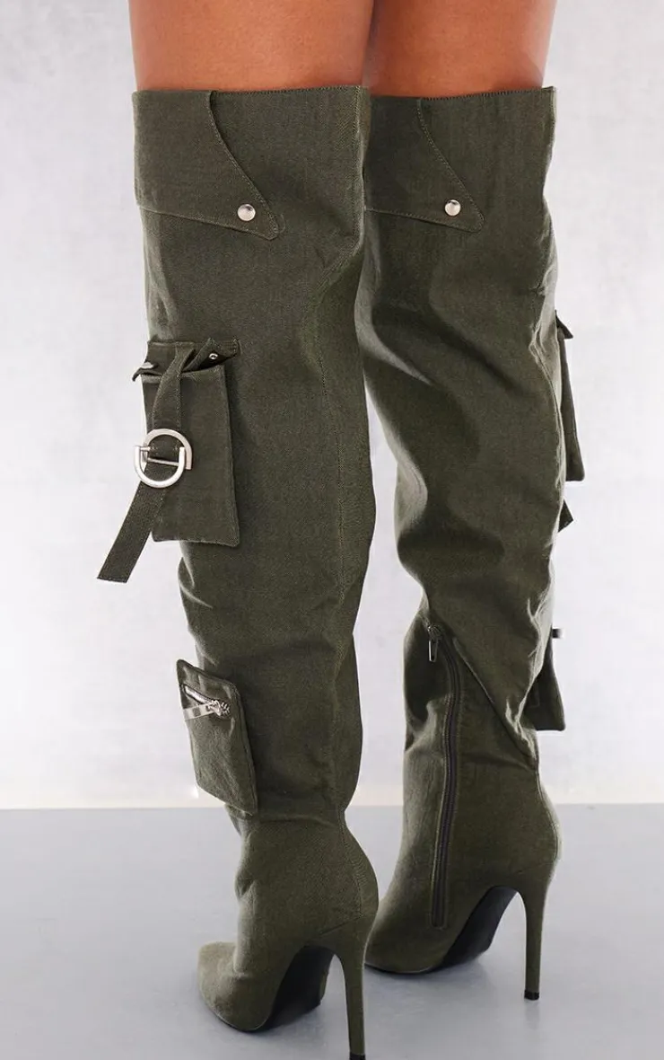 PrettyLittleThing Wide Fit Heels*Wide Fit Denim Utility Over The Knee Heeled Boots