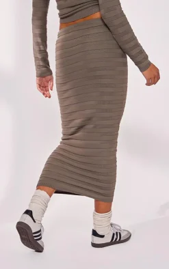 PrettyLittleThing Wide Rib Knit Maxi Skirt Khaki