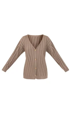 Hot PrettyLittleThing Wide Rib Knitted Cardigan Khaki