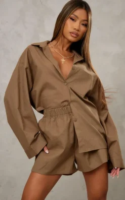 Clearance PrettyLittleThing Woven Balloon Sleeve Oversized Shirt Khaki