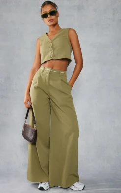 PrettyLittleThing Woven Contrast Waistband Tailored Wide Leg Pants Khaki