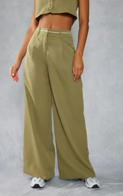PrettyLittleThing Woven Contrast Waistband Tailored Wide Leg Pants Khaki