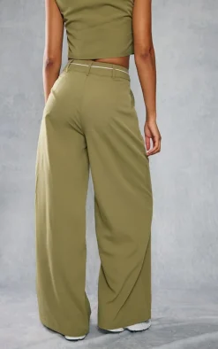PrettyLittleThing Woven Contrast Waistband Tailored Wide Leg Pants Khaki