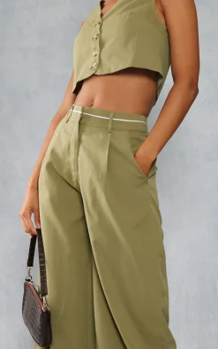PrettyLittleThing Woven Contrast Waistband Tailored Wide Leg Pants Khaki
