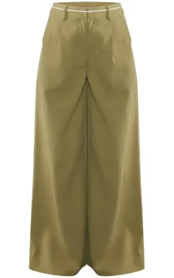 PrettyLittleThing Woven Contrast Waistband Tailored Wide Leg Pants Khaki