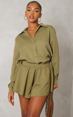 Hot PrettyLittleThing Woven Floaty Shorts Khaki