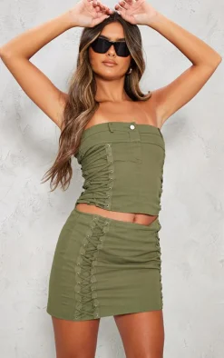 PrettyLittleThing Woven Lace Up Detail Mini Skirt Khaki