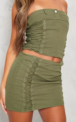 PrettyLittleThing Woven Lace Up Detail Mini Skirt Khaki