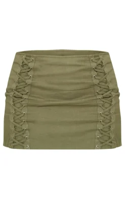 PrettyLittleThing Woven Lace Up Detail Mini Skirt Khaki