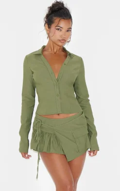 New PrettyLittleThing Woven Long Sleeve Cargo Shirt Khaki