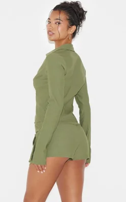 New PrettyLittleThing Woven Long Sleeve Cargo Shirt Khaki
