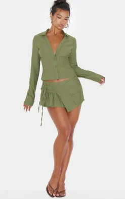 New PrettyLittleThing Woven Long Sleeve Cargo Shirt Khaki