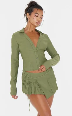 New PrettyLittleThing Woven Long Sleeve Cargo Shirt Khaki