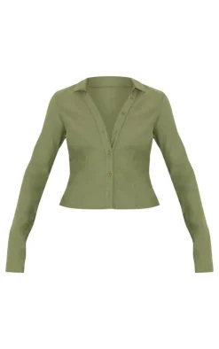 New PrettyLittleThing Woven Long Sleeve Cargo Shirt Khaki