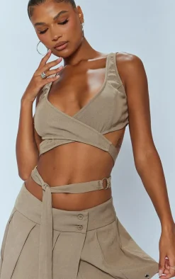 Discount PrettyLittleThing Woven Ring Detail Strappy Bralet Khaki