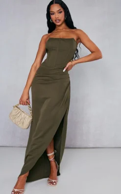 Discount PrettyLittleThing Woven Ruched Midaxi Skirt Khaki