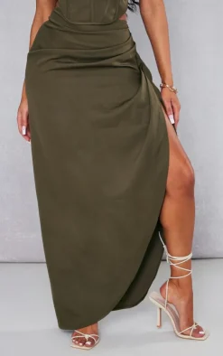 Discount PrettyLittleThing Woven Ruched Midaxi Skirt Khaki