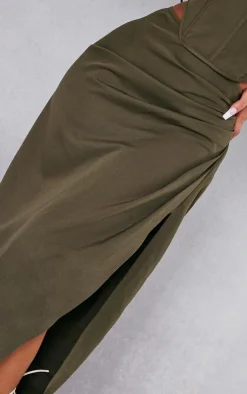 Discount PrettyLittleThing Woven Ruched Midaxi Skirt Khaki