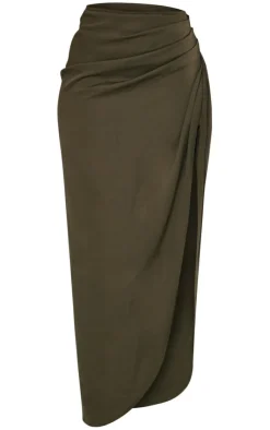 Discount PrettyLittleThing Woven Ruched Midaxi Skirt Khaki