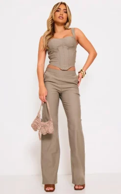 Online PrettyLittleThing Woven Seam Detail Dip Hem Corset Top Khaki