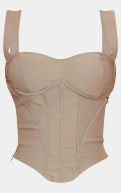 Online PrettyLittleThing Woven Seam Detail Dip Hem Corset Top Khaki