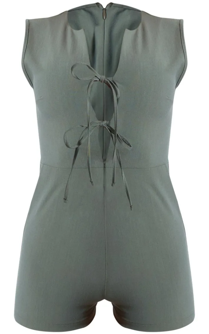 Khaki Woven Tie Front Tailored Romper