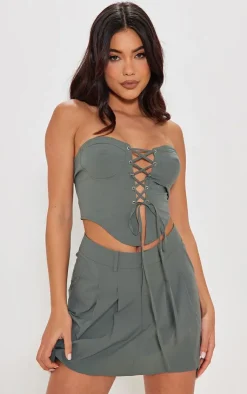 Clearance PrettyLittleThing Woven Utility Pleated Detail Tailored Skater Skirt Khaki