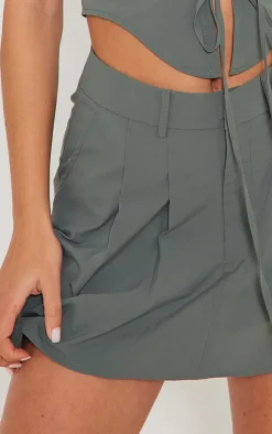 Clearance PrettyLittleThing Woven Utility Pleated Detail Tailored Skater Skirt Khaki
