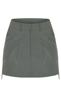 Clearance PrettyLittleThing Woven Utility Pleated Detail Tailored Skater Skirt Khaki