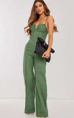 Woven V Bar Corset Detail Wide Leg Jumpsuit-PrettyLittleThing Hot