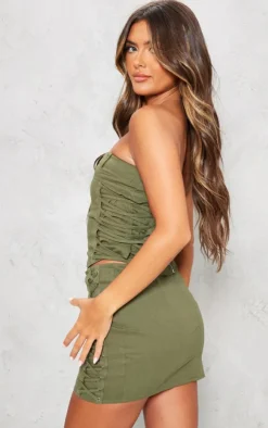 Discount PrettyLittleThing Woven Waistband Detail Lace Up Side Corset Khaki