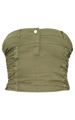 Discount PrettyLittleThing Woven Waistband Detail Lace Up Side Corset Khaki