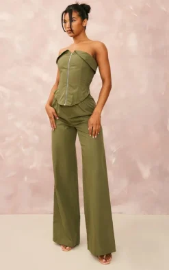 Online PrettyLittleThing Woven Wide Leg Cargo Pants Khaki