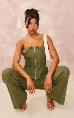 Online PrettyLittleThing Woven Wide Leg Cargo Pants Khaki