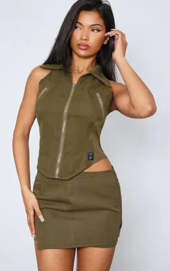 Sale PrettyLittleThing Woven Zip Up Cargo Mini Skirt Khaki